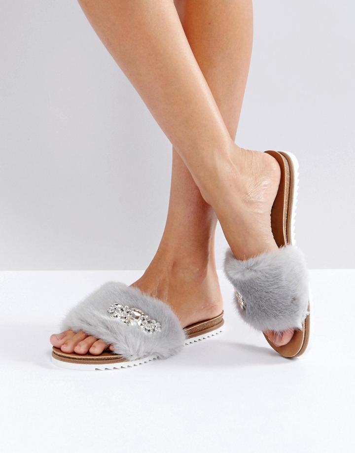 Dune Lyra Gray Faux Hur Embellished Slides - Gray