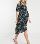 Hope & Ivy Maternity Kimono Knot Front Midi Dress In Navy Floral