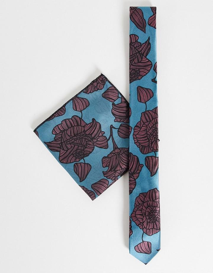 Bolongaro Trevor Skinny Tie And Pocket Square Set In Teal And Red Floral-multi