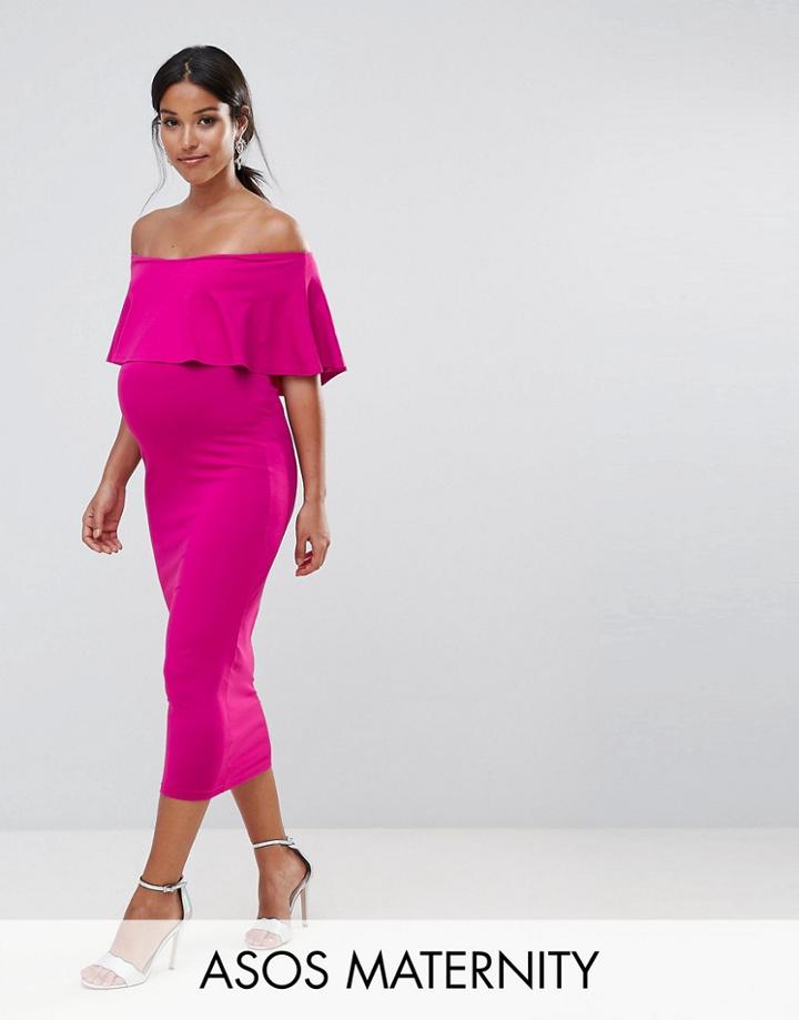 Asos Maternity Midi Bardot Pencil Dress With Ruffle - Pink