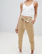 Stradivarius Plain Tie Waist Pants - Beige