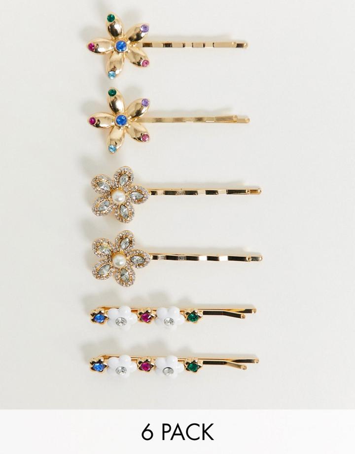 Asos Design Pack Of 6 Hair Clips In Floral Designs In Gold Tone