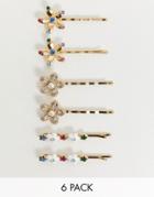 Asos Design Pack Of 6 Hair Clips In Floral Designs In Gold Tone