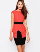 Vesper Suki Pencil Dress With Peplum And Contrast Waistband - Orange