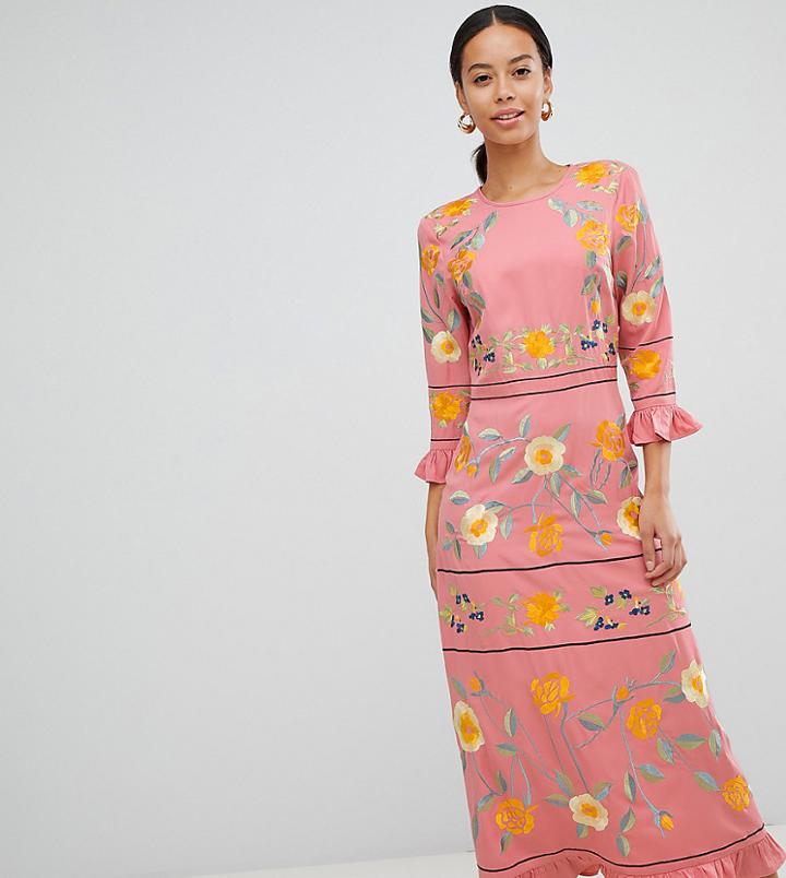 Asos Design Tall Embroidered Midi Dress With Frill Cuff And Sleeves - Multi