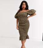 Never Fully Dressed Plus Off Shoulder Blouson Sleeve Shirred Midi Dress In Leopard Print-purple