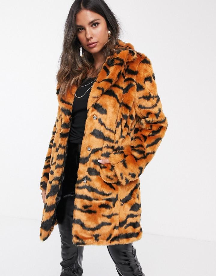 Barney's Originals Longline Faux Fur Coat In Tiger Print-multi