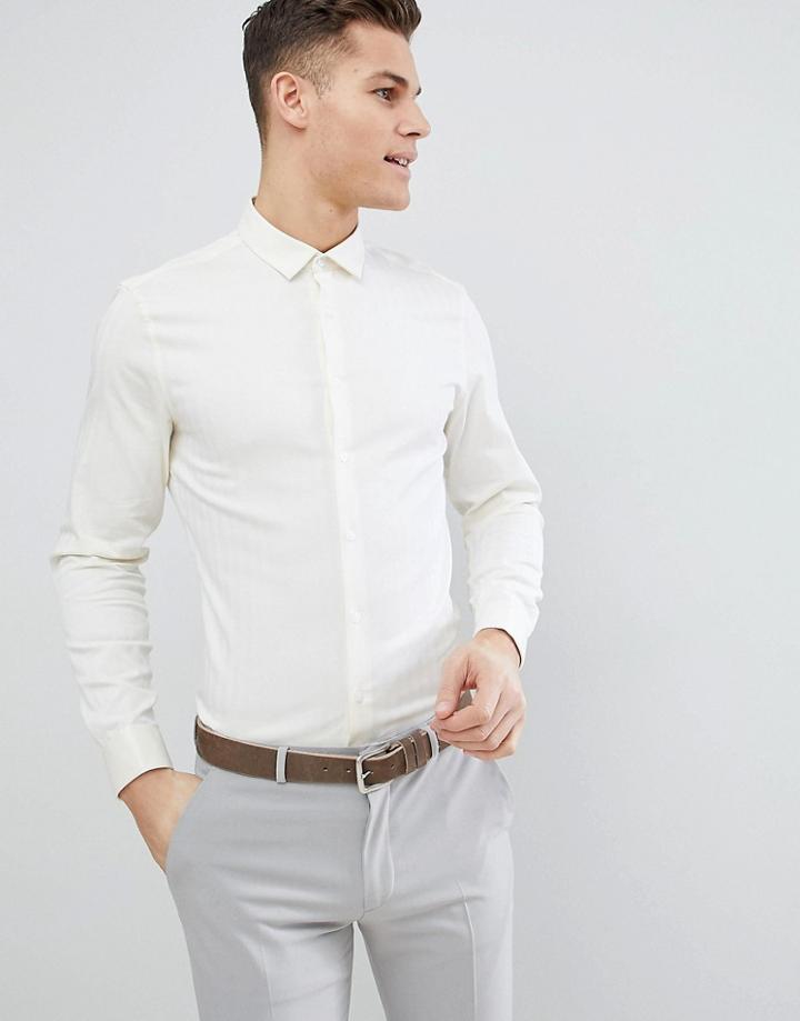 Asos Design Wedding Slim Herringbone Shirt With Double Cuff In Pale Yellow - Yellow