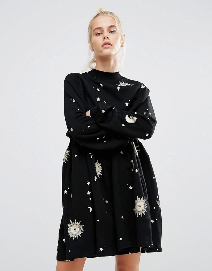 Lazy Oaf Smock Dress With Metallic Moon & Star Print - Black