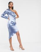 Asos Design One Shoulder Midi Dress With Wrap Skirt-blue
