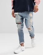 Asos Drop Crotch Jeans In Vintage Light Wash Blue With Heavy Rips - Blue