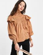 Topshop Trim Detail Frill Top With Buttons In Camel-brown