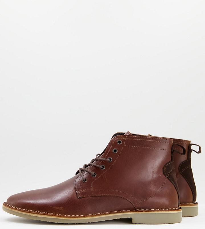 Asos Design Wide Fit Desert Boots In Tan Leather With Suede Detail-brown