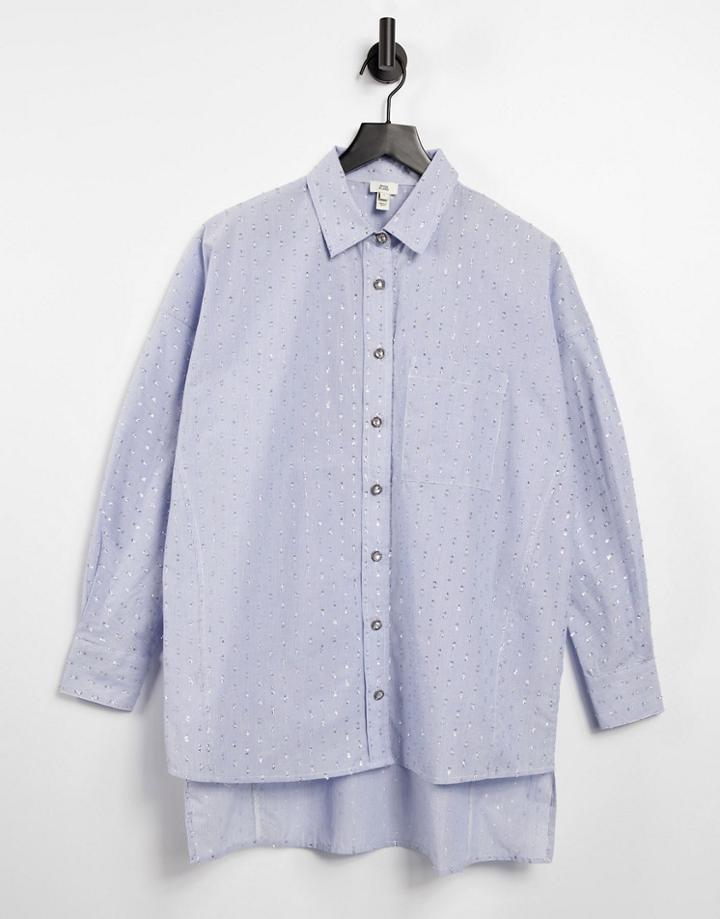 River Island Metallic Thread Oversized Shirt In Blue-blues