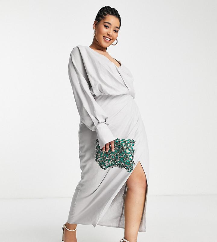 Asos Edition Curve Drape Midi Dress With Wrap Bodice And Skirt In Pebble Gray