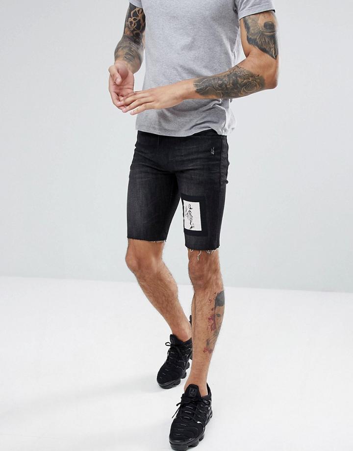 Religion Skinny Fit Denim Shorts In Black With Skeleton Patch