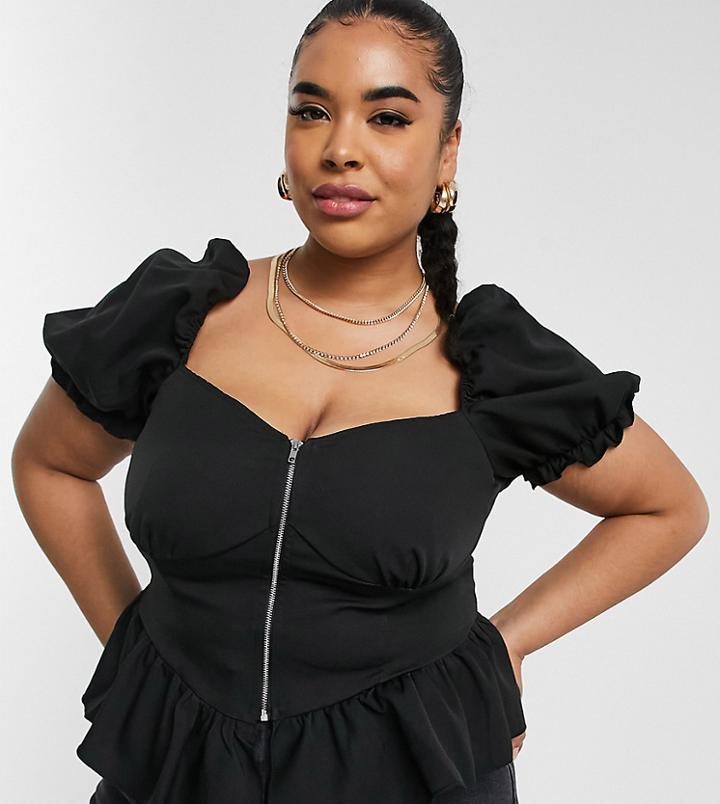 Missguided Plus Zip Front Peplum Top With Puff Sleeve In Black