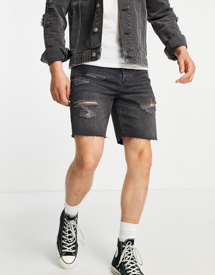 Topman Ripped Slim Denim Shorts In Washed Black