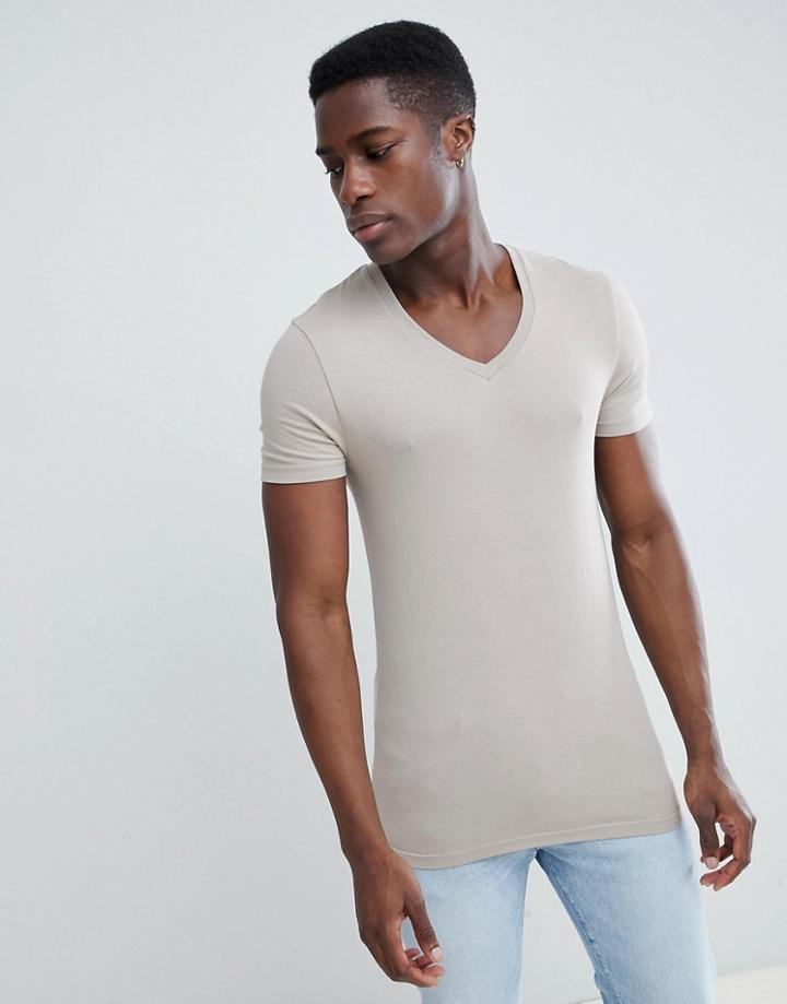 Asos Design Muscle Fit T-shirt With V Neck In Beige - Beige