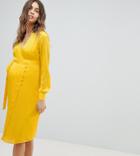 Asos Design Maternity Button Through Jacquard Midi Dress With Long Sleeves-yellow