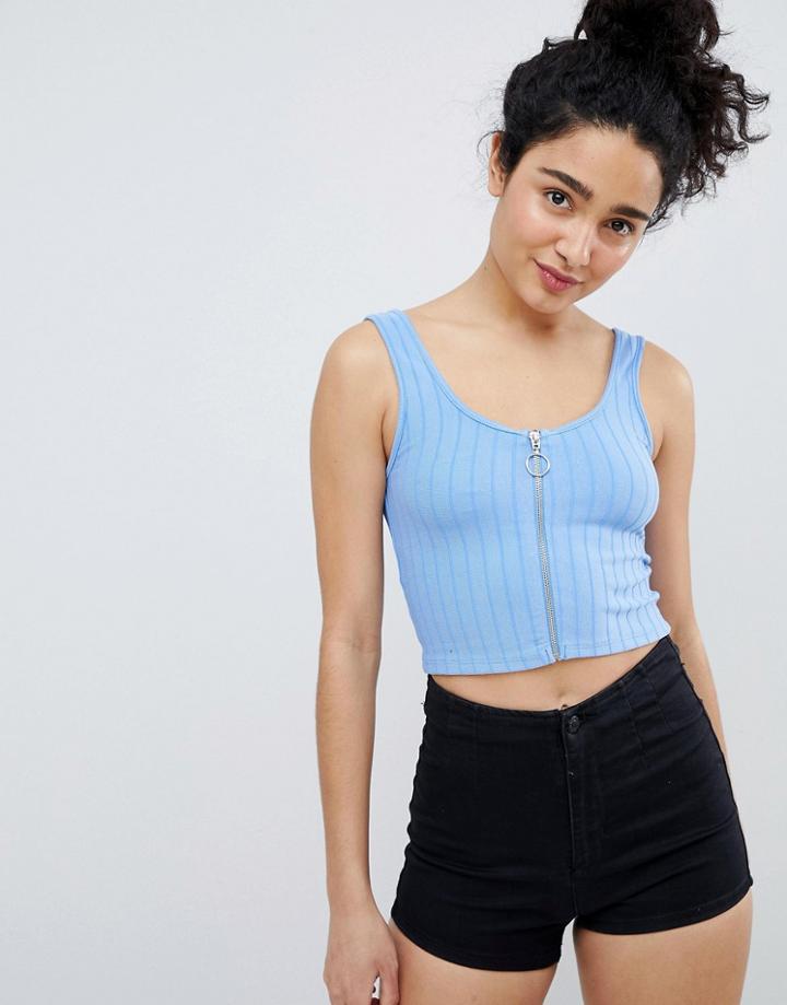 Bershka Zip Front Crop Top In Blue - Blue