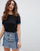 Daisy Street T Shirt With Rainbow Stripe Sleeve Detail - Black