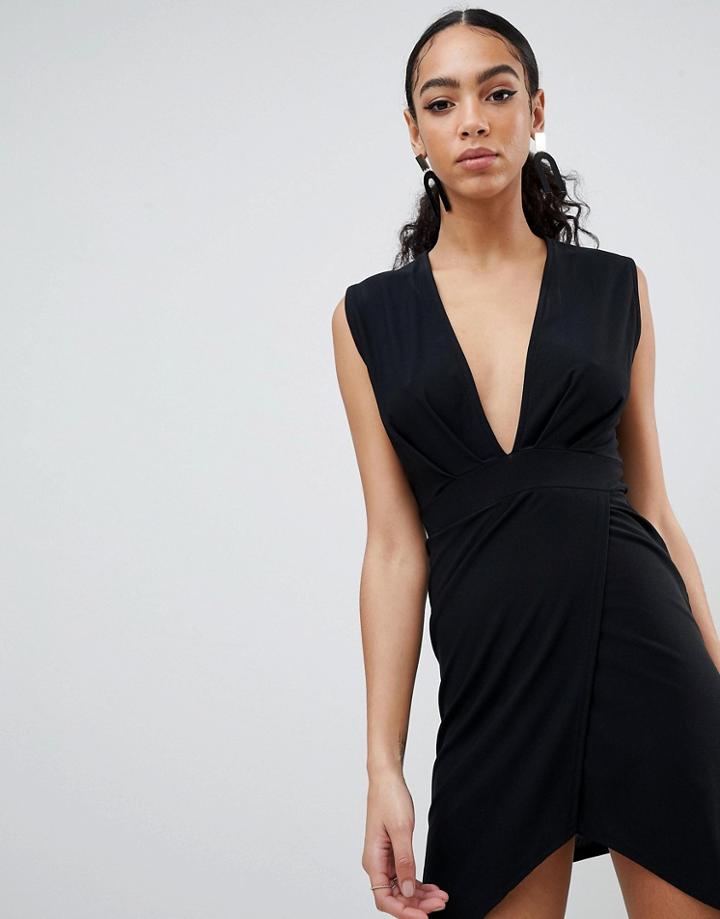 Prettylittlething Plunge Wrap Dress - Black