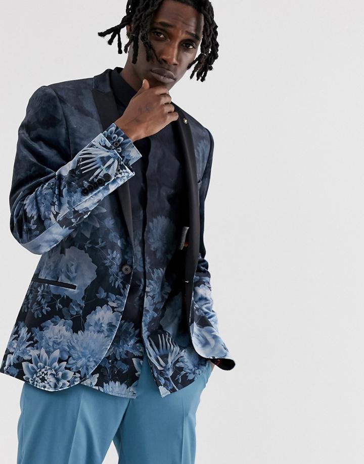 Twisted Tailor Super Skinny Blazer With Faded Floral Print - Navy