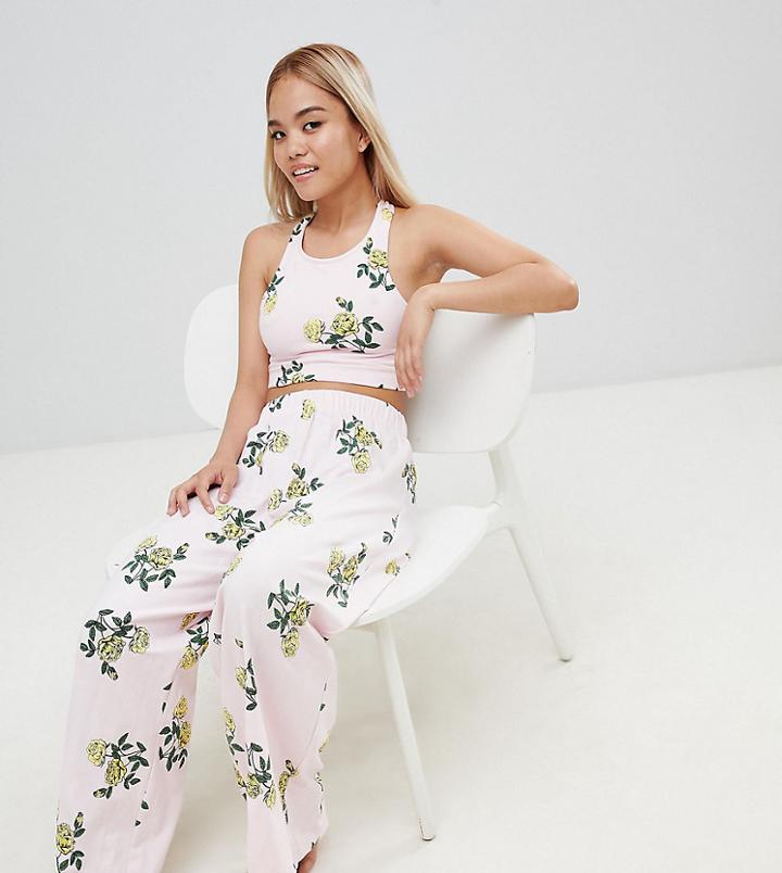 Asos Design Petite Yellow Rose Print Cropped Tank And Wide Leg Pyjama Pants - Pink