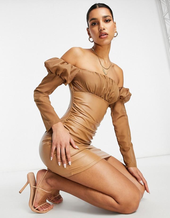 Naanaa Off-the-shoulder Ruched Pu Body-conscious Dress In Tan-brown