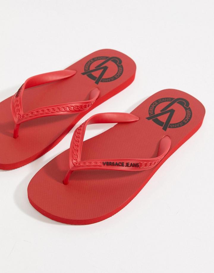 Versace Jeans Logo Flip Flops In Red - Red