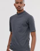 Asos Design Raglan T-shirt With Turtleneck And Contrast Stitching In Washed Black - Gray