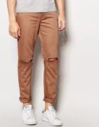 Asos Skinny Jeans With Knee Rips In Brown - Brown