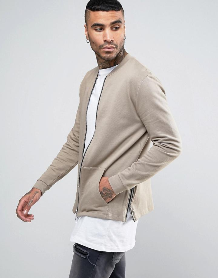 Asos Jersey Bomber Jacket With Side Zips In Beige - Beige