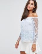 Lipsy Bell Sleeve Off Shoulder Top In 3d Lace - Blue