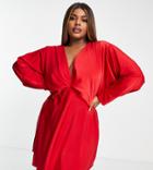 Asos Design Curve Batwing Satin Mini Dress With Bias Cut Skirt And Tie Back-red