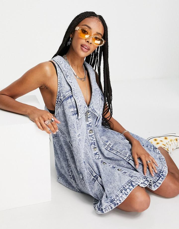 Free People Katie Denim Dress With Oversized Collar-blues