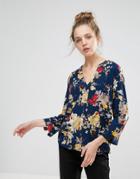 B.young Floral Collarless Blouse - Navy