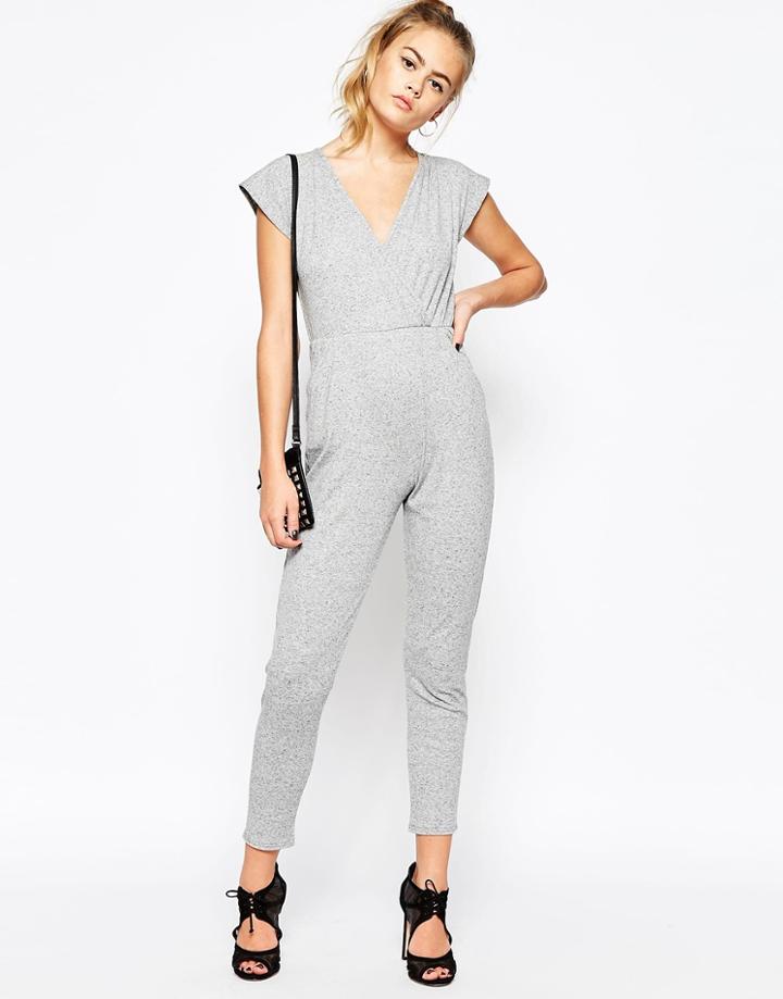 Daisy Street Wrap Front Jersey Jumpsuit - Gray