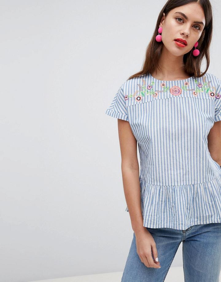 Esprit Embroidered Stripe Ruffle Top - Multi