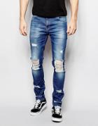 Asos Super Skinny Jeans With Extreme Knee Rips - Mid Blue