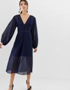 Keepsake Trouble Lace Midi Dress With Volume Sleeve - Navy