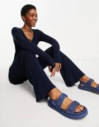Asos Design Knitted Rib Flare Pants In Navy - Part Of A Set