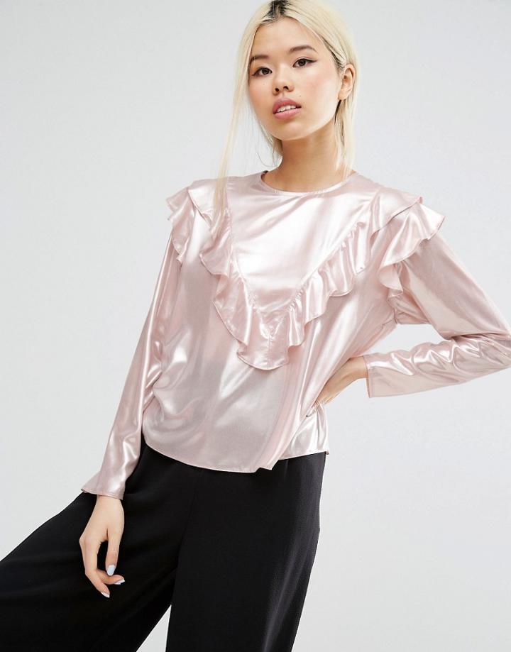 Asos Metallic Ruffle Front Top - Pink