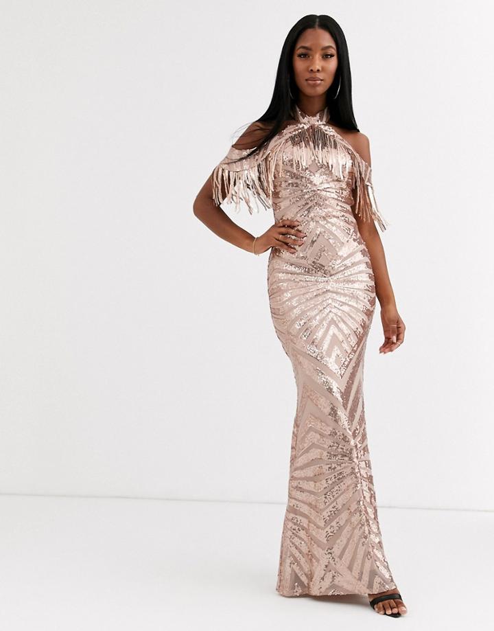 Goddiva Cold Shoulder Maxi Dress With Tassel Detail In Gold Sequin