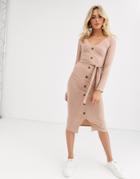 New Look Button Through Belted Midi Dress In Stone
