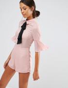 Love & Other Things Romper With Frill Sleeve And Tie Neck - Orange