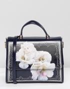 Ted Baker Large Leather Box Tote Bag In Gardenia Print - Navy
