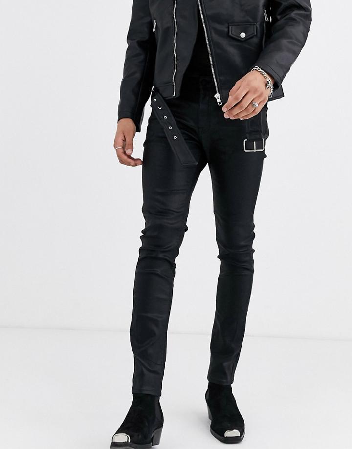 Asos Edition Skinny Jeans In Black Coated Leather Look With Western Details