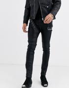 Asos Edition Skinny Jeans In Black Coated Leather Look With Western Details